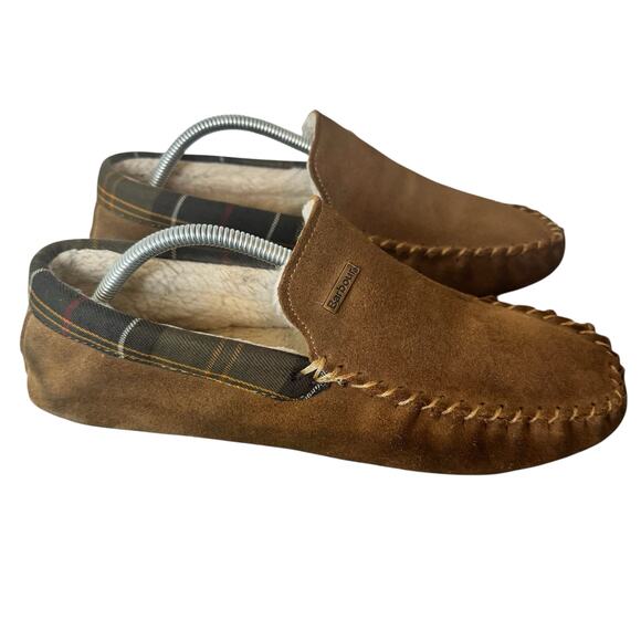 Barbour Slippers Men\'s Size 8 Monty Moccasin Tan Suede Tartan Shearling Lining